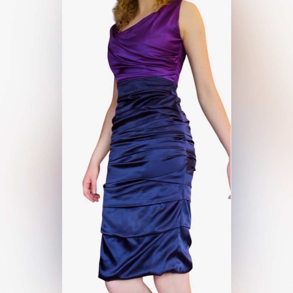 Vintage Y2K Le Chateau Purple Colorblocked Grunge Midi Gathered Fitted Dress